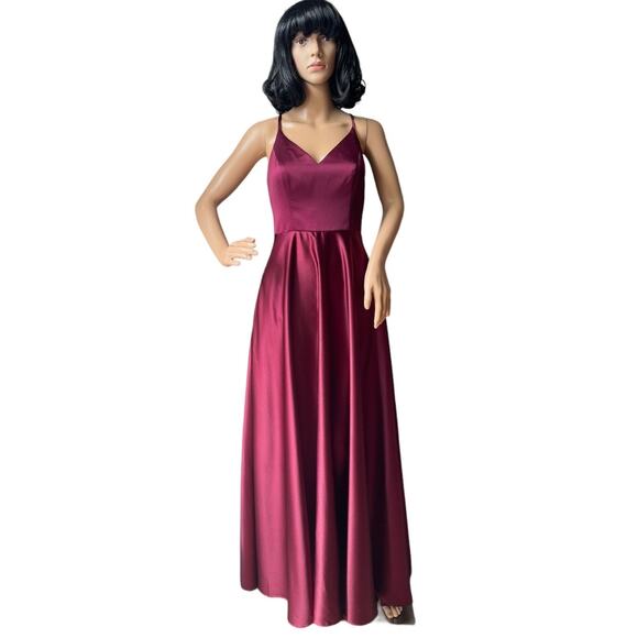 CELEBRATE DB STUDIO spaghetti strap satin a-line long dress iWine Cherry size 2 - Picture 3 of 16